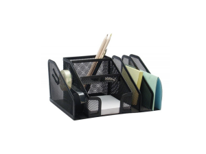 Ekskluzywny Przybornik Biurkowy Q-Connect Office Set – Metalowy, 6 Praktycznych Komór z Dyspenserem, Elegancka Czerń