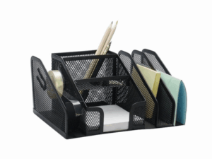 Ekskluzywny Przybornik Biurkowy Q-Connect Office Set – Metalowy, 6 Praktycznych Komór z Dyspenserem, Elegancka Czerń