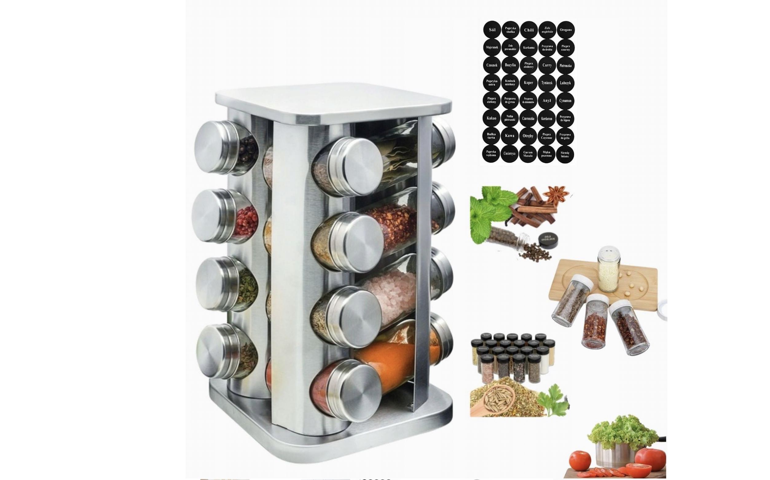 STOJAK ORGANIZER NA PRZYPRAWY OBROTOWY METALOWY 16x SŁOIKI + 40 NAKLEJEK GRATIS
