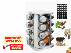 STOJAK ORGANIZER NA PRZYPRAWY OBROTOWY METALOWY 16x SŁOIKI + 40 NAKLEJEK GRATIS